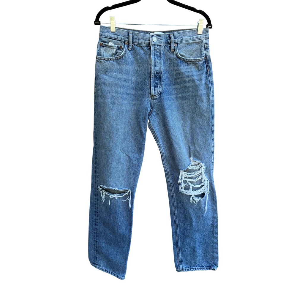 AGOLDE Denim Ripped High Rise Straight Leg Jeans Distressed Blue
